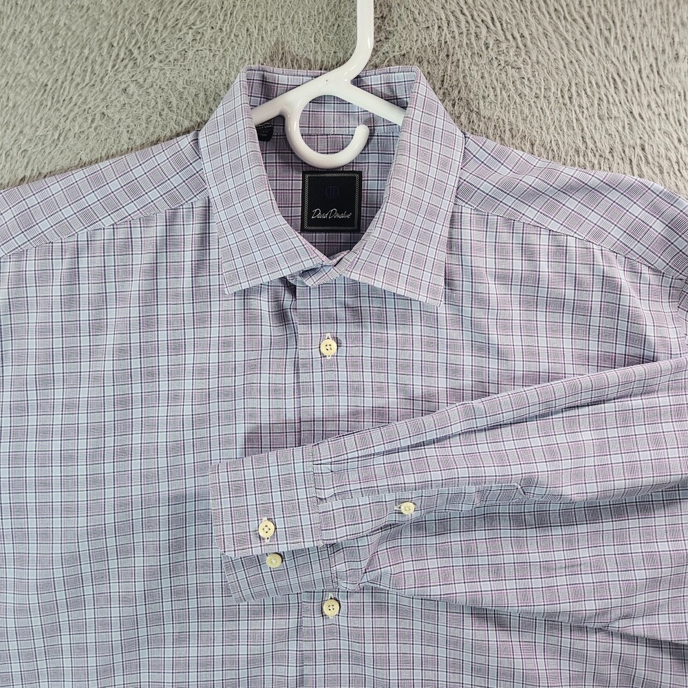 David Donahue Dress Shirt‎ Men 17 34 35 Button Long Sleeve Purple Blue Plaid